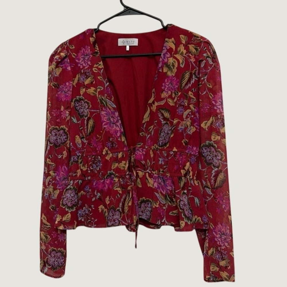 WAYF Burgundy Floral Chiffon Peplum Top V-Neck Tie Front Long Sleeve Blouse‎ L